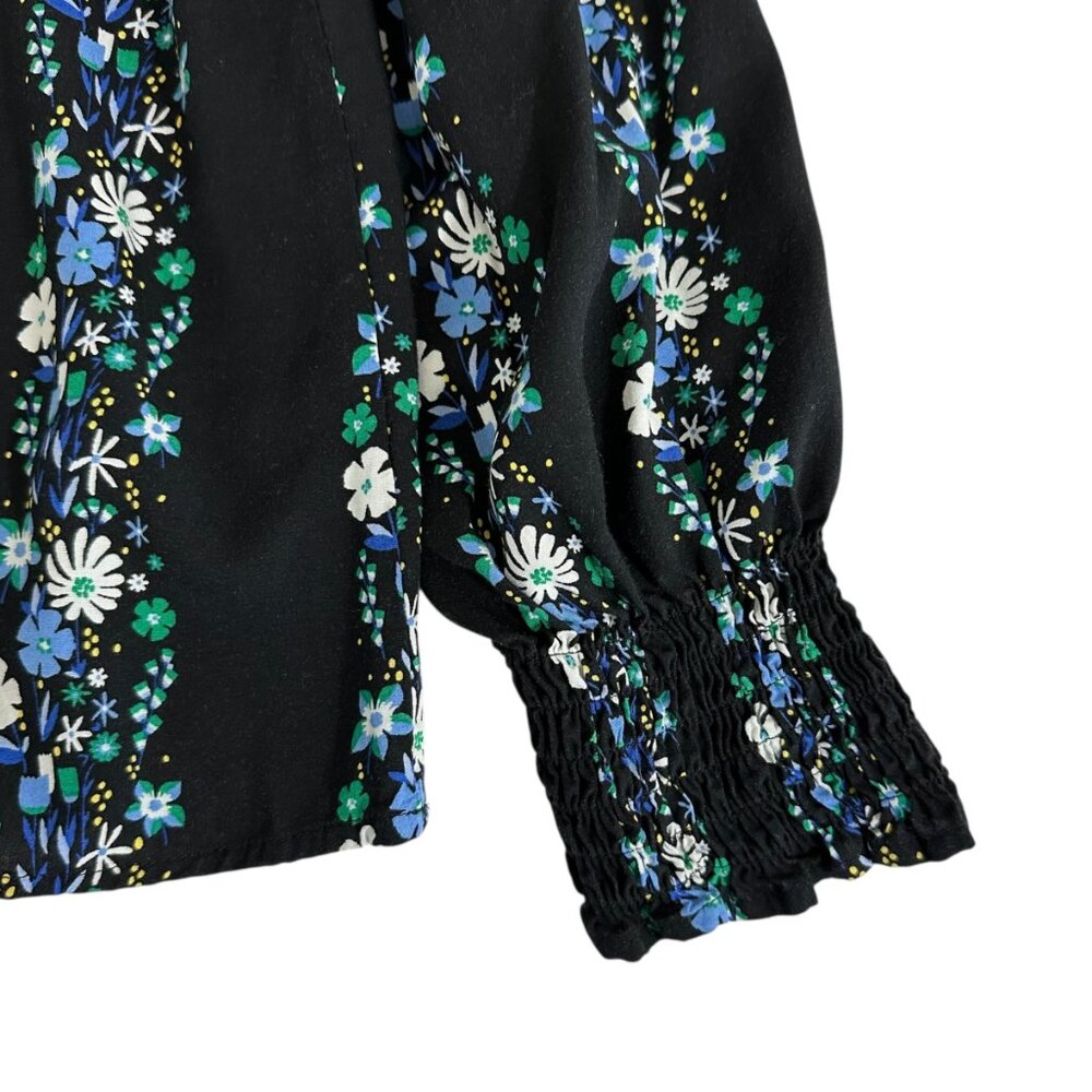 Talbots Women's Size M Dark Floral Striped Smocked Black Blouse - Picture 6 of 9